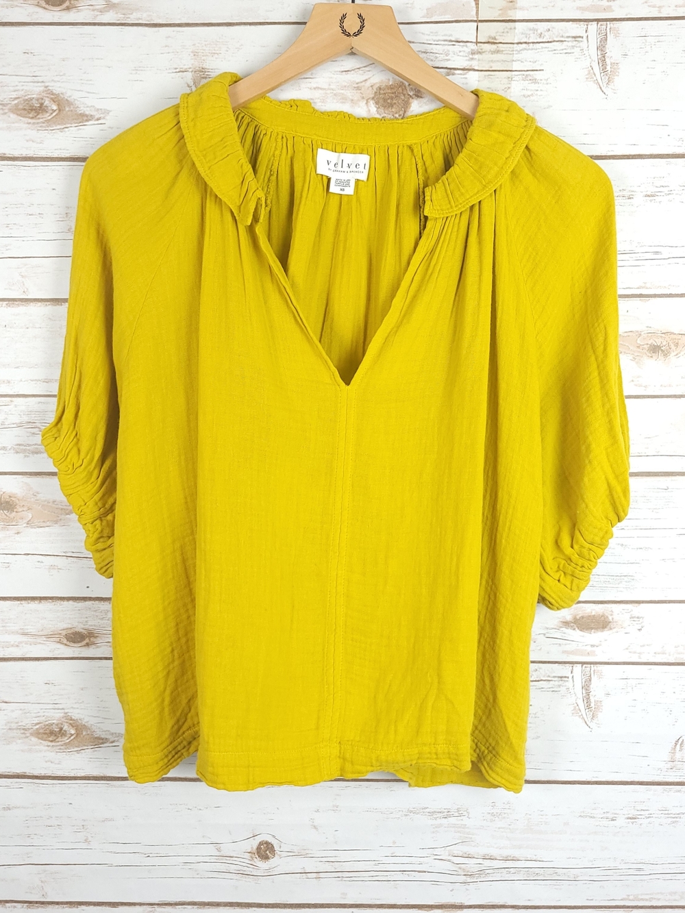 Velvet by Graham & Spencer Xsmall Mustard Yellow Ruffled Neck Blouse